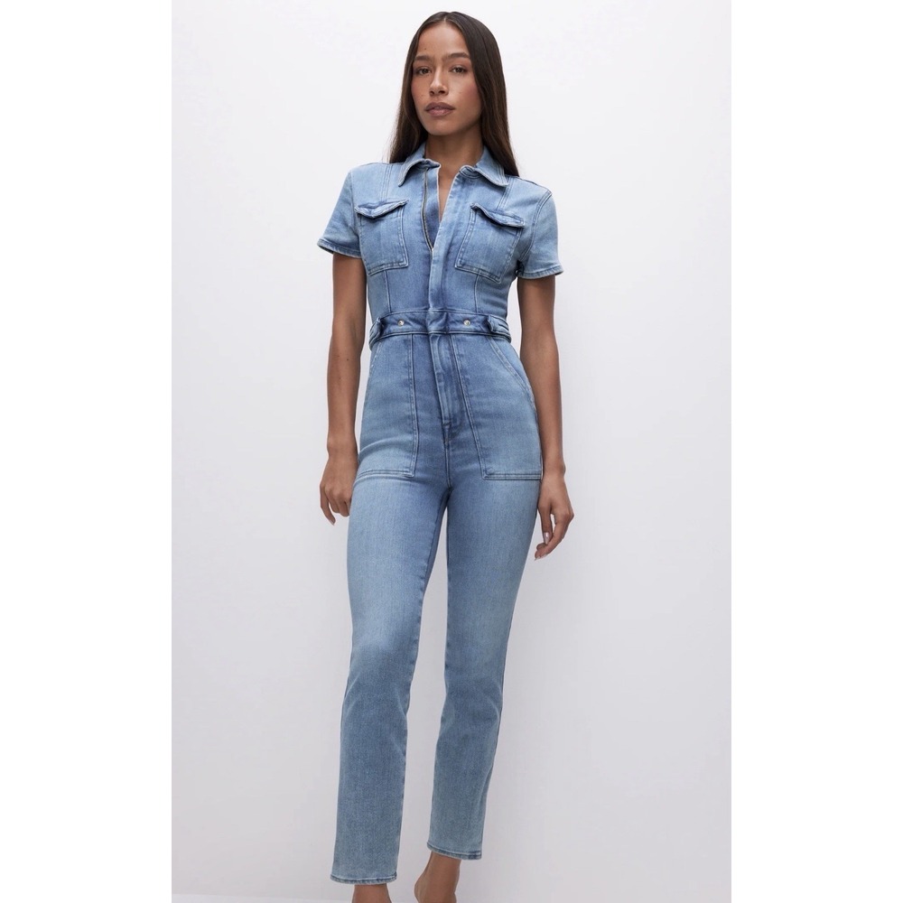 Good American Women's Blue Fit For Success Denim Straight Leg Jumpsuit Size XS R